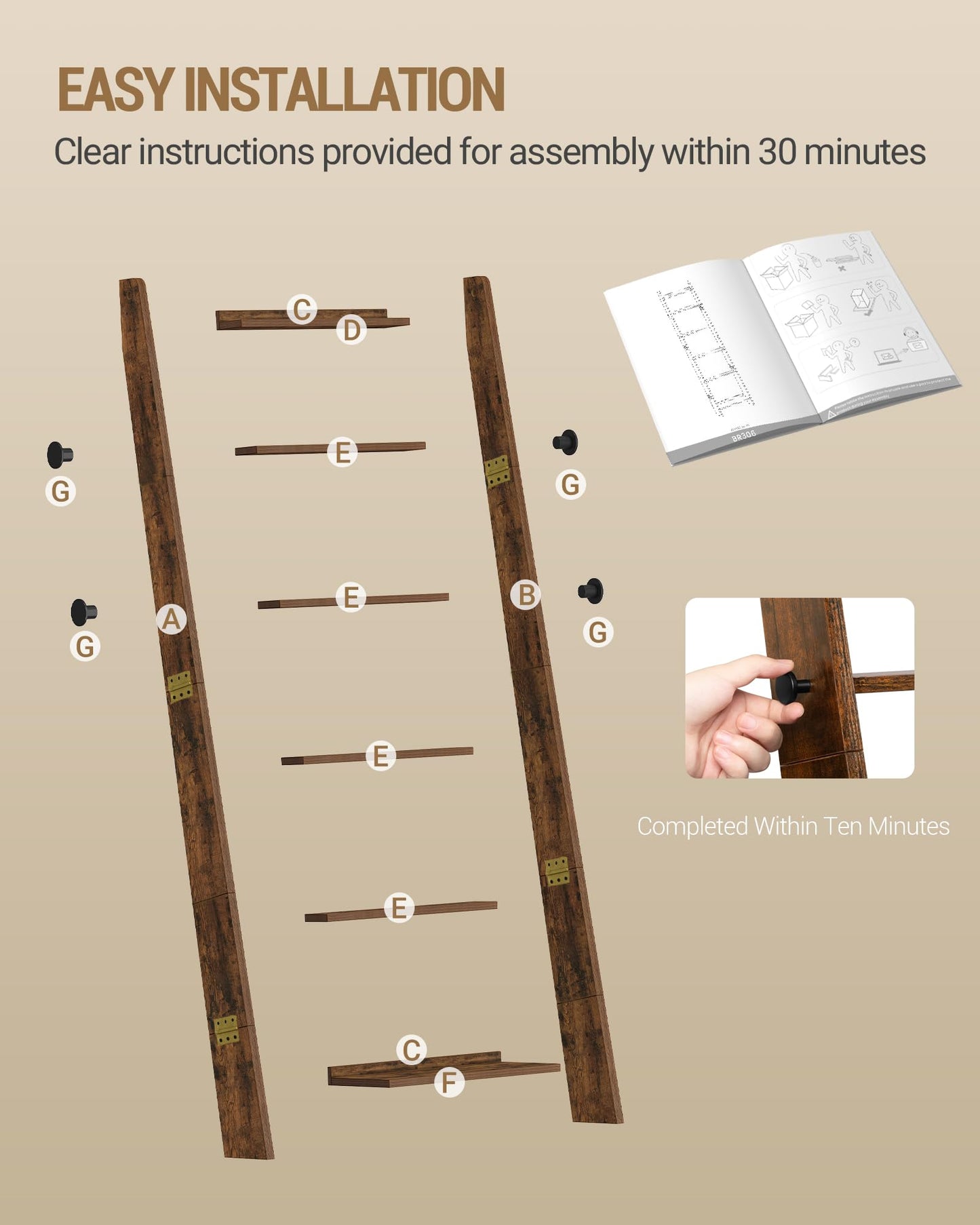 Hzuaneri Blanket Ladder for Living Room, Decorative Quilt Rack with 4 Removable Hooks, 6-Tier Blanket Ladder Shelf for Bedroom,Rustic Brown BR30601X