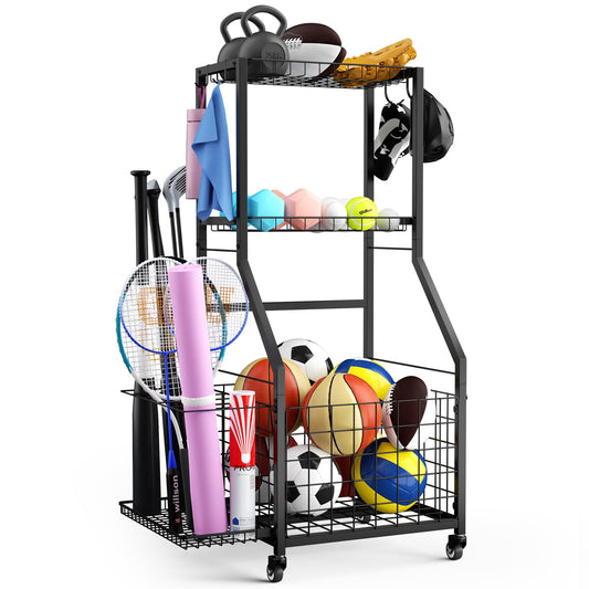 DUDUXI Sports Equipment Garage Organizer,Garage Ball Storage Rack for Sports with Wheels-Upgraded 3 Layers Sports Organizer Rack Outdoor Basketball Racks for Balls with Holder and Hooks