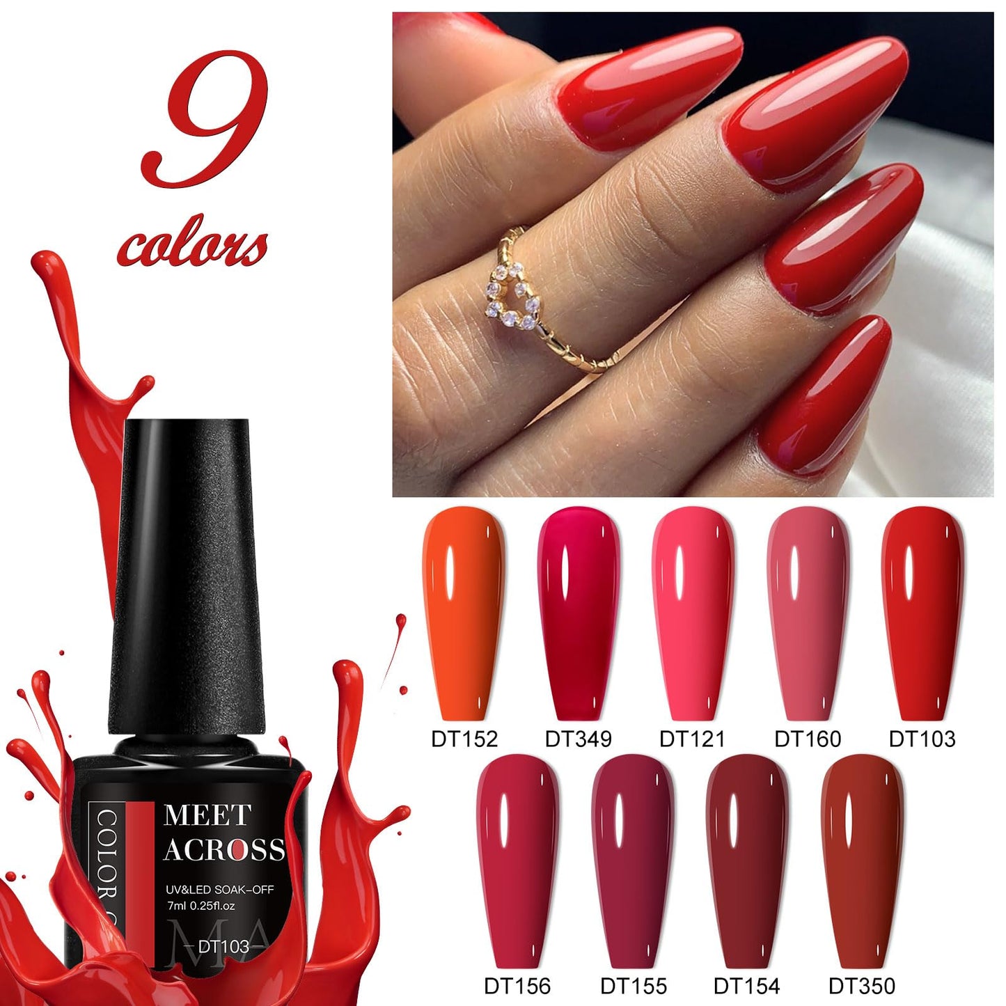 MEET ACROSS 12pcs Gel Nail Polish Set,Soak Off UV LED Lamp Gel Nail Polish Kit,Fashion Shimmer Nail Art Design Gifts for Women Manicure Salon (Red)