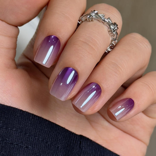CurvLife Press on Nails Short Square Acrylic Fake Nails with Apricot Design Full Cover False Nails Glossy Nude Glue on Nails Artificial Stick on Nails for Women (Purple Gradient Cat Eye Chrome Nails)