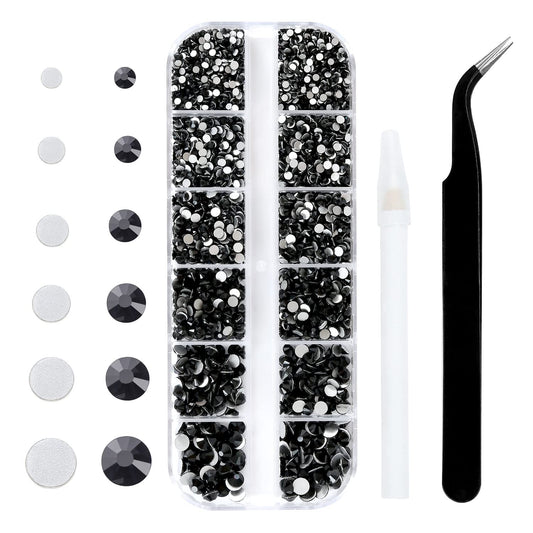 Meibite Black Glass Flatback Rhinestones for Nails, Crafts & Clothes – 4240PCS 6 Sizes (SS6–SS20) Crystal Gems Kit with Tweezers & Picker, Non Hotfix DIY Rhinestones for Tumblers, Shoes, Nail Art