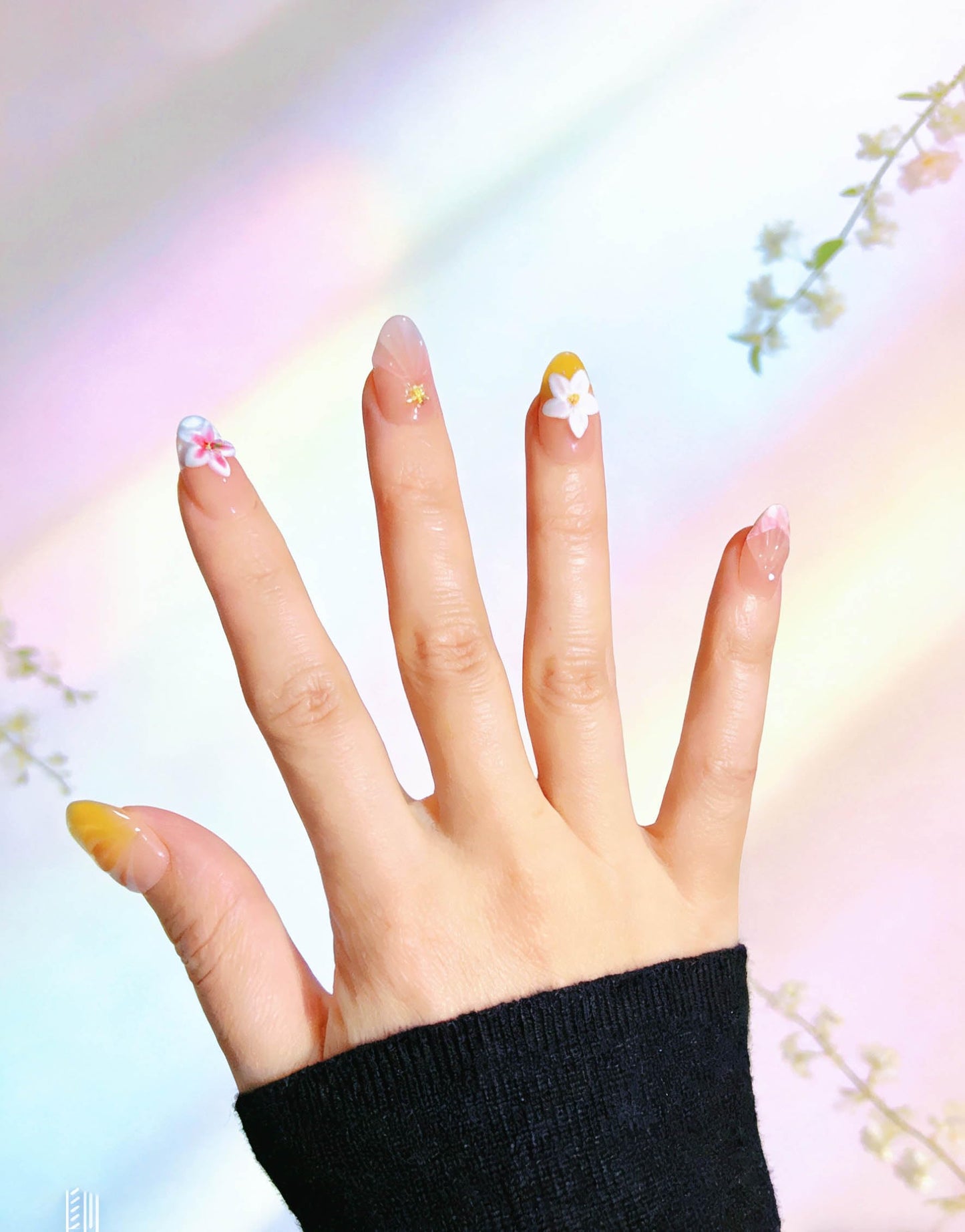 10Pcs Short Almond Handmade Press On Nails | Nude Pink & Yellow Ombre with 3D Seashell, Flower & Starfish Decor | Reusable Salon-Quality Fake Nails for Women and Girls (25902, XS)