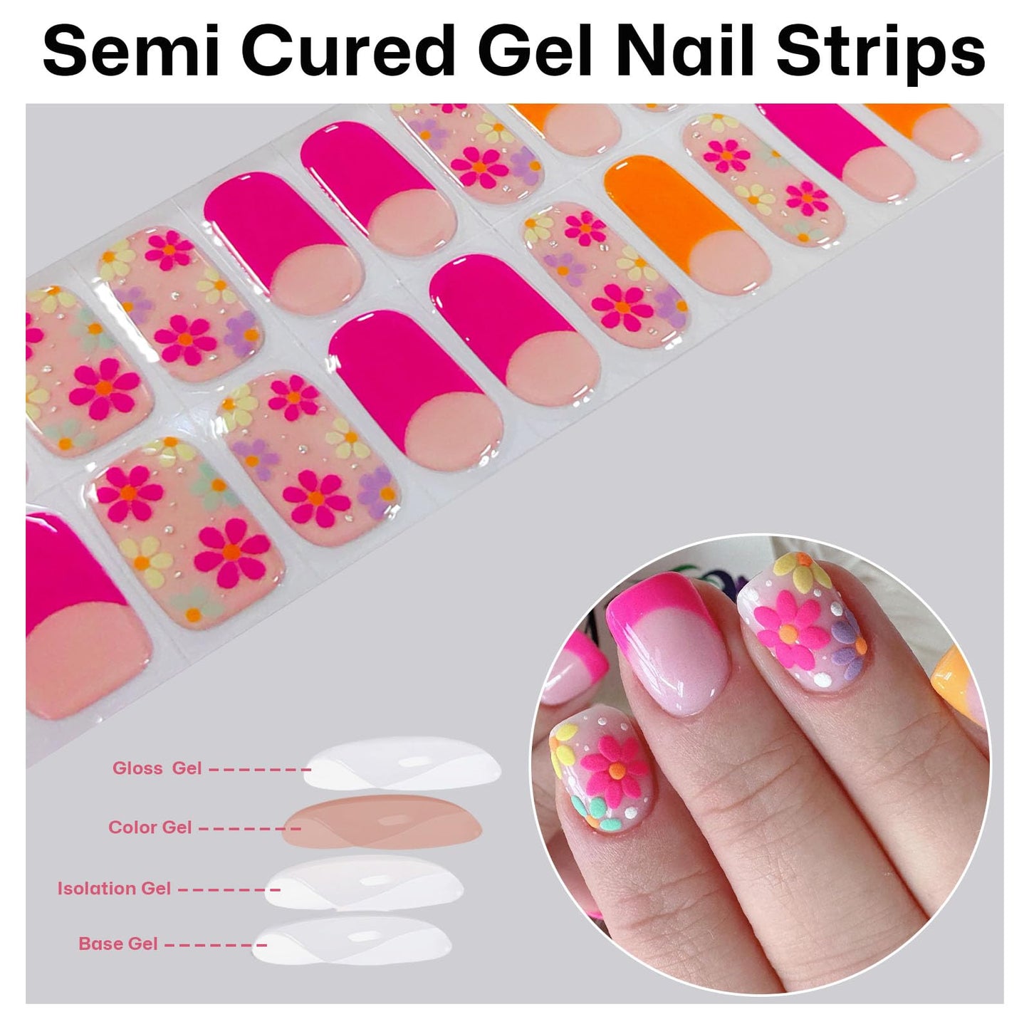 Semi Cured Gel Nail Strips French Tip Nail Stickers with Flower Designs Cute Glossy Gel Stickers Salon Quality & Easy to Use Need UV/LED Light for Women 20 Pcs