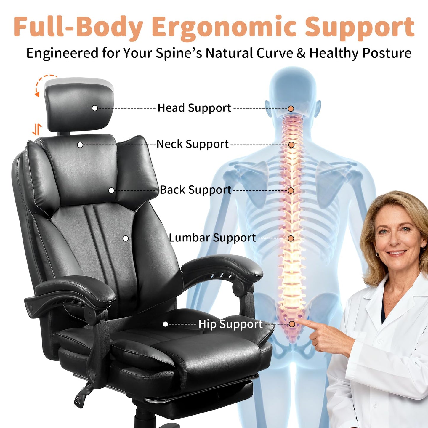Big and Tall Office Chair Comfy Ergonomic Leather Computer Desk Chair with Headrest High Back Reclining Executive Chair with Footrest, Black