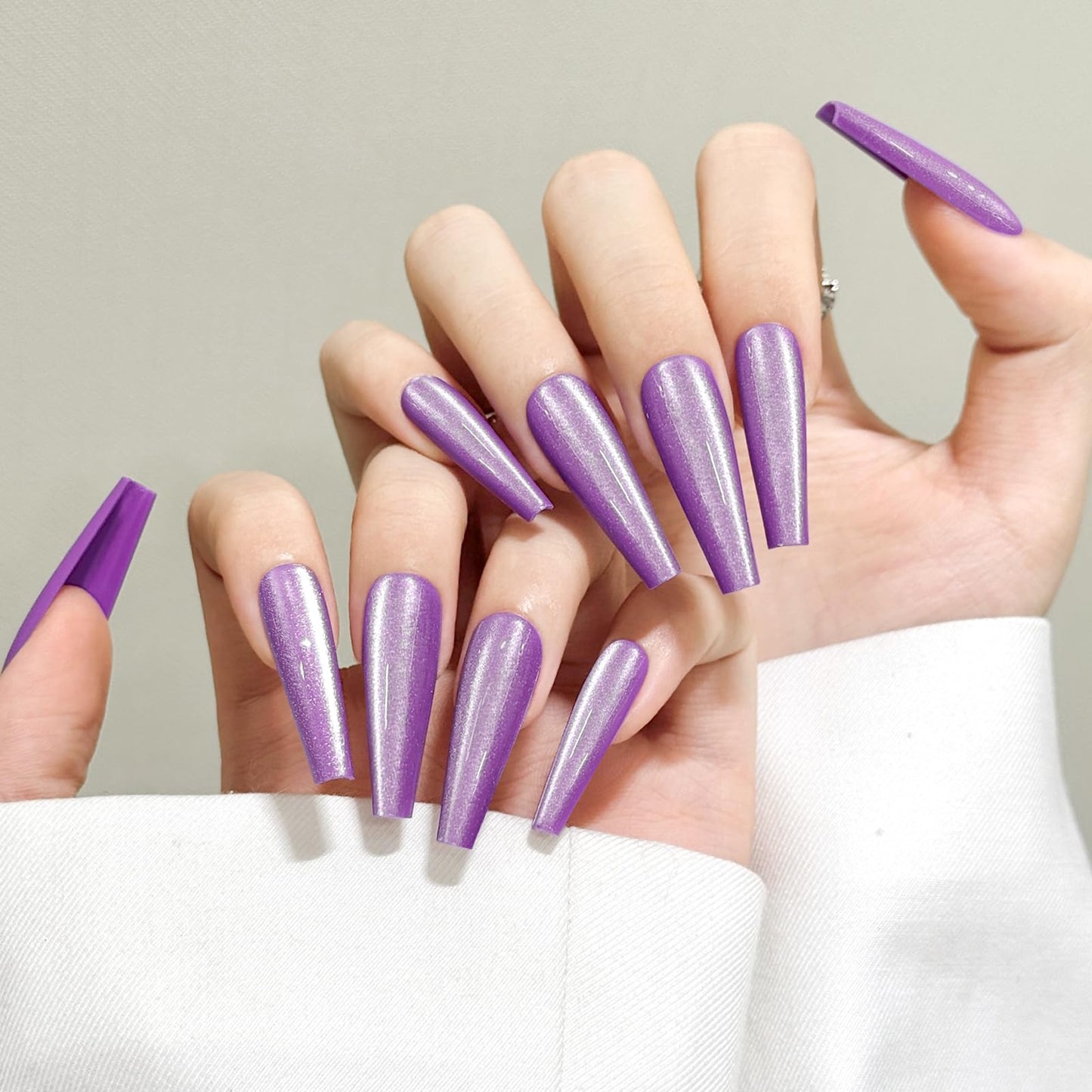 Purple Cat Eyes Press On Nails,12 Sizes - 24 Pcs Soft Gel Purple Long Coffin Fake Nails Kit with Nail Glue, Natural Reusable Stick On False Nails for Women and Girls SK1051