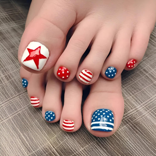 Independence Day Press on Toenails Short Square Fake Toe Nails Blue Red Toenail Press Ons with Star Design 4th of July False Toenails Glossy Glue on Toe Nail Acrylic Stick on Toenail for Women 24Pcs