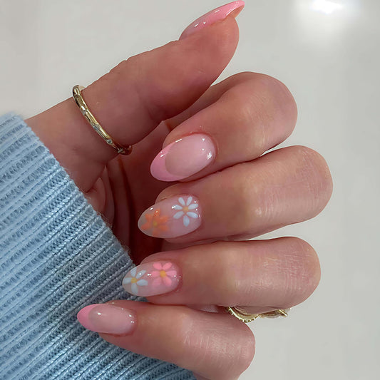 24Pcs Short Press On Nails Almond Fake Nails French Tip False Nails With Cute Flowers Designs Spring Summer Nails Press Ons Full Cover Glue On Nails Glossy Stick On Nails For Women