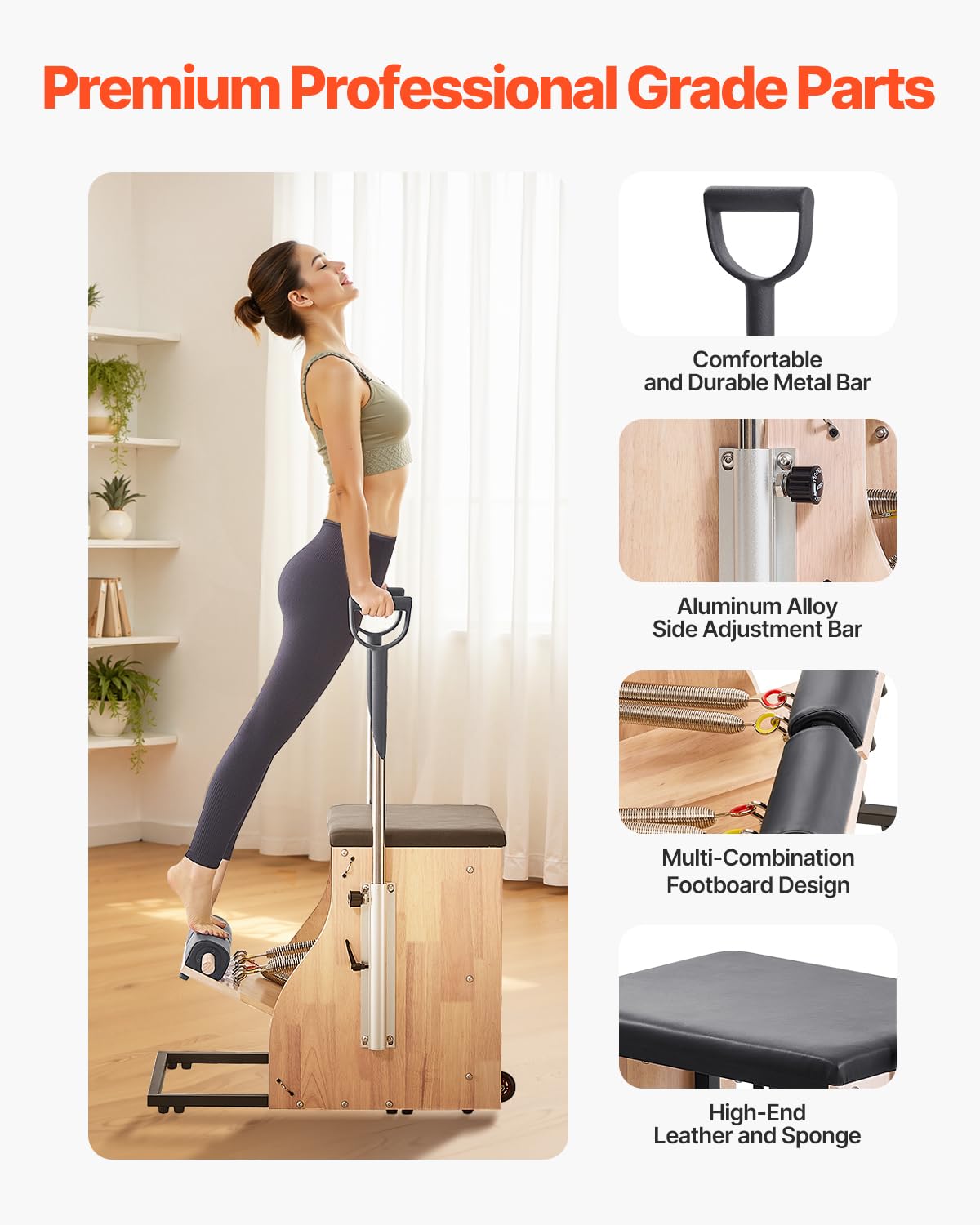 VEVOR Pilates Chair, Split-Pedal Stability Combo Chairs with Handles, Rubber Wood Frame Yoga Fitness Trainer, Exercise Reformer, Pilates Resistance-Workout Equipment, for Home Gym Studio Workout