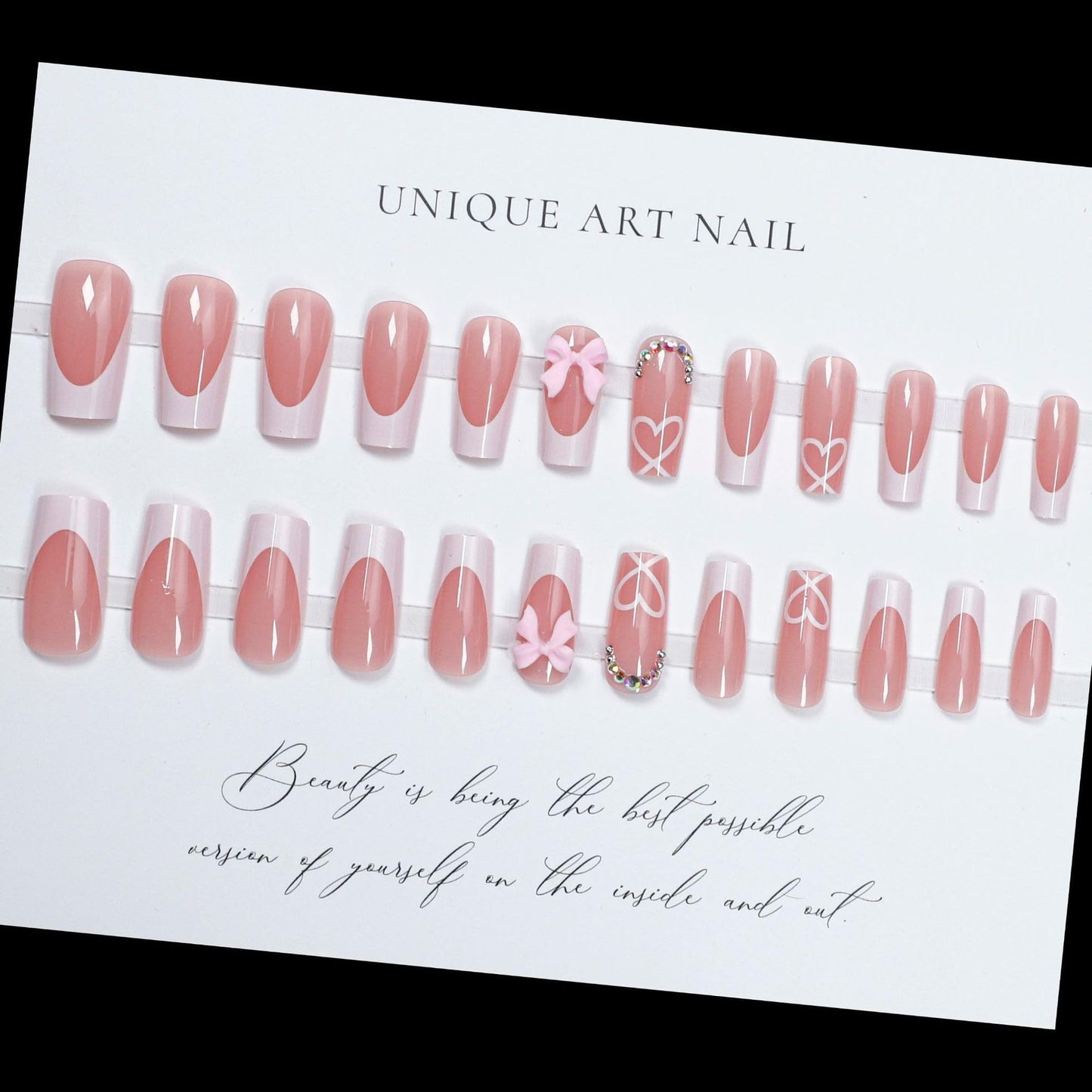 Press on Nails Medium Coffin - Pink Fake Nails with Bow Heart Design - White French Tip False Nails Press ons - for Women 24 Pcs