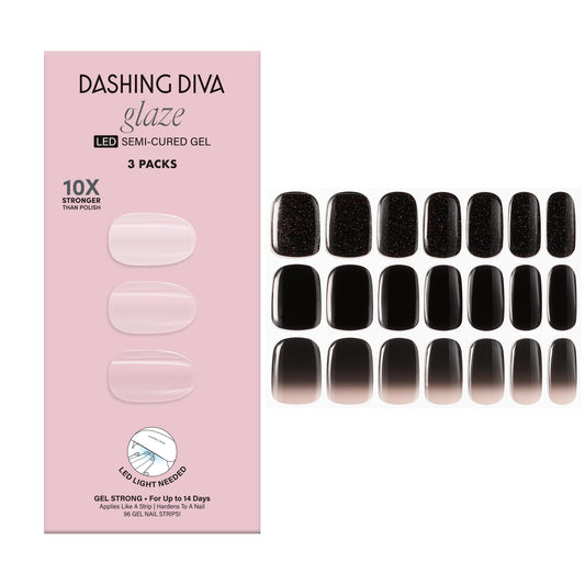Dashing Diva Glaze Nail Strip 3-in-1 Kit - Best of Noirs - Long Lasting, Chip Resistant, Semi-Cured Gel Nail Strips - Contains 96 strips, 3 prep pads, 3 manicure sticks, 1 nail file