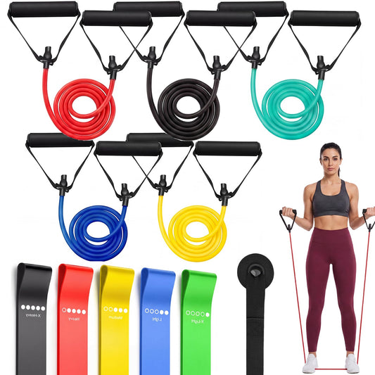 Leyndo 11 Pcs 11 Pack Resistance Bands Set with Handles 5 Exercise Tubes 5 Loop Straps Door Anchor Workout Bands for Muscle Recovery Home Gym Strength Training for Men Women (10-50 Lbs,Bright Color)