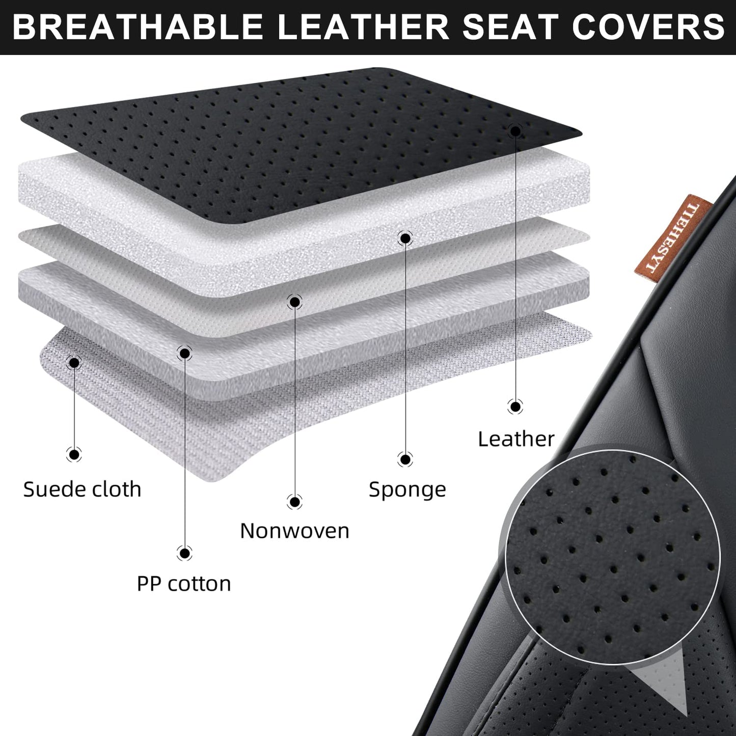 TIEHESYT Black Car Seat Covers Full Set, Breathable Leather Automotive Front and Rear Seat Covers with Headrest, Waterproof Auto Seat Protectors Fit for Most Sedans SUV Pick-up Truck