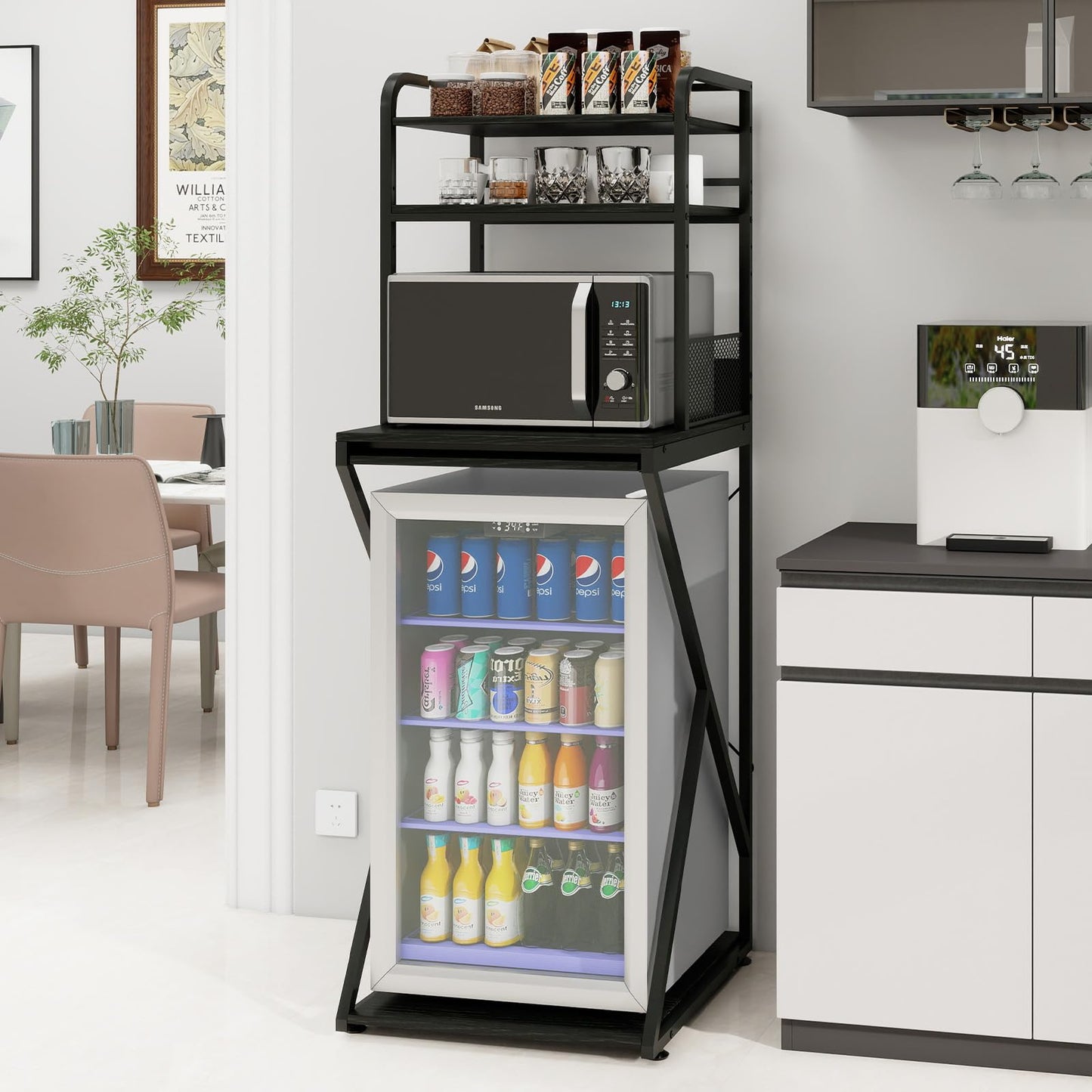 PUNCIA 4-Tier Mini Fridge Stand with Power Outlet & Storage, Coffee Bar Organizer, Refrigerator Cabinet & Microwave Shelf, Bakers Rack for Kitchen, Office, Dorm, Pantry, Apartment (Black)