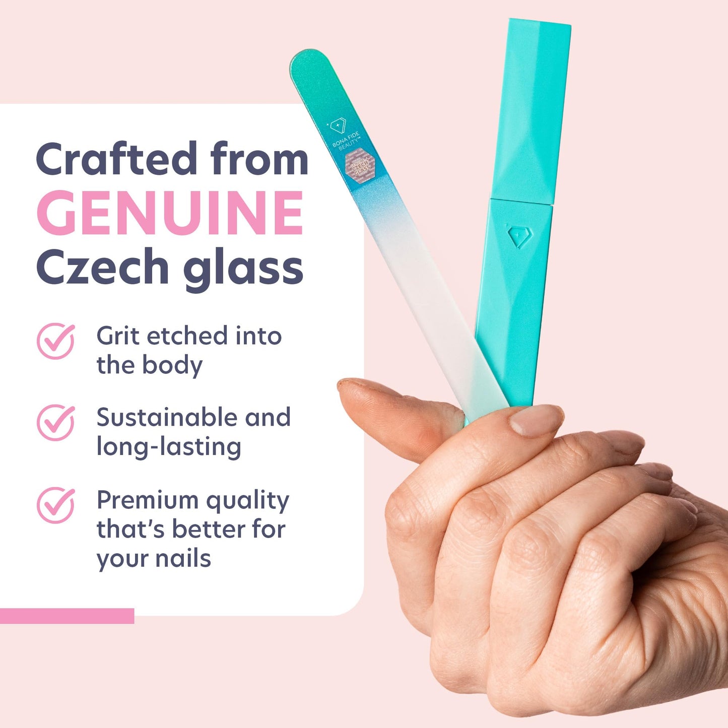Bona Fide Beauty Glass Nail File with Case (Aqua) - 1 Piece Luxurious Gifts for Women, Crystal Etched Nail File for Natural Nails