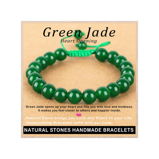 AD Beads 8mm Green Jade Bracelet - Stone of Heart Opening - Handmade Natural Stone Crystal Bracelet with Adjustable Macrame String - Yoga Healing Power Energy Gifts for Men and Women