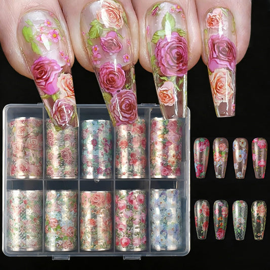 10 Rolls Flower Nail Foil Transfer Stickers Spring Flowers Nail Art Foil Decals Cute Floral Nail Art Supplies Decoration Summer Nail Transfer Foil Stickers for Women DIY Manicure Accessories