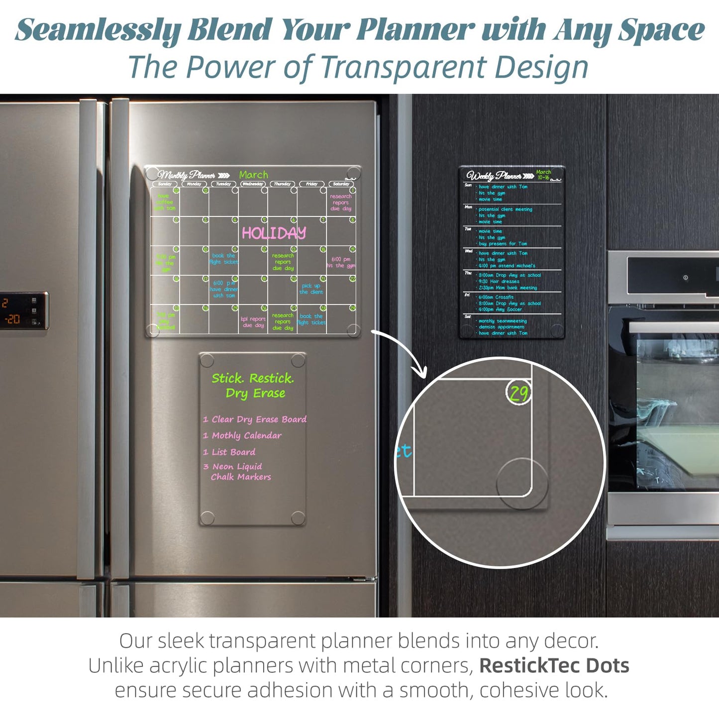 Clear Non-Magnetic Calendar Set for Fridge - Dry Erase Transparent Monthly, Weekly Calendar and Blank Board - Sticks to Wall, Glass, Door, Any Smooth Surfaces