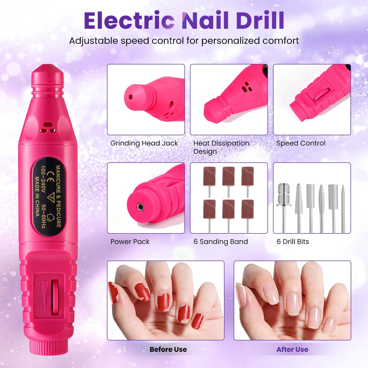 Nail Kit for Beginners with Everything: Professional Nails Kit Acrylic Set with Practice Finger Drill U V Light Acrylic Powder Liquid Decorations in Makeup Bag for Women Salon (Bling Purple)