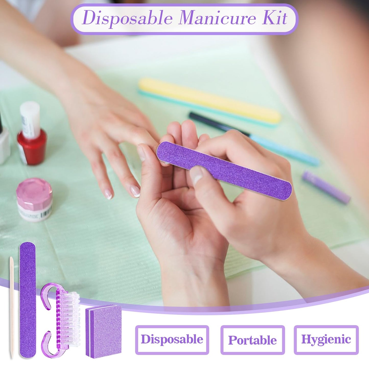 50 Sets Disposable Manicure Kit Basics 4 Piece Nail Kit for Travel,Handle Grip Brush,Mini Nail Buffer Nail File and Wood Stick for Gifts Salon Home Professional(50 Set -Purple)