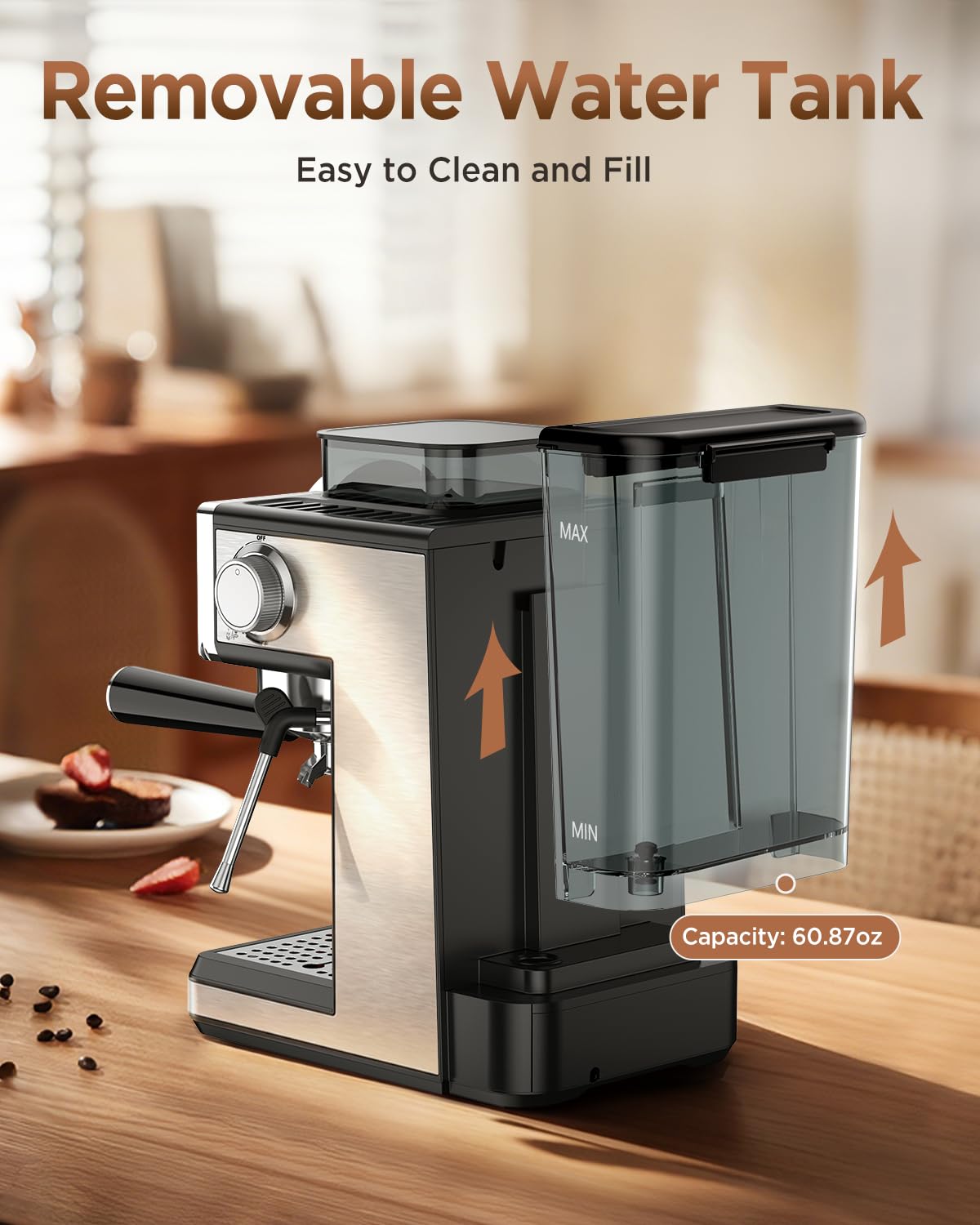 Spacekey Espresso Machine with Grinder - 20 Bar All-in-One Coffee Maker with Milk Steam Wand/Frother, Cold Brew, 30 Grind Settings, 60oz Removable Tank - Home Barista Kit for Lattes, Cappuccinos
