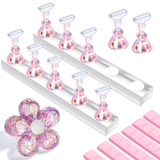 Makartt Holo Nail Stand for Press-On Nails DIY, Magnetic Holder, 1 Flower & 2 Long Bases, 10 Nail Stands for Gel Curing, Beginners Practice, Nail Tech & Creators Display Nails, Clear Pink, 48 Putty