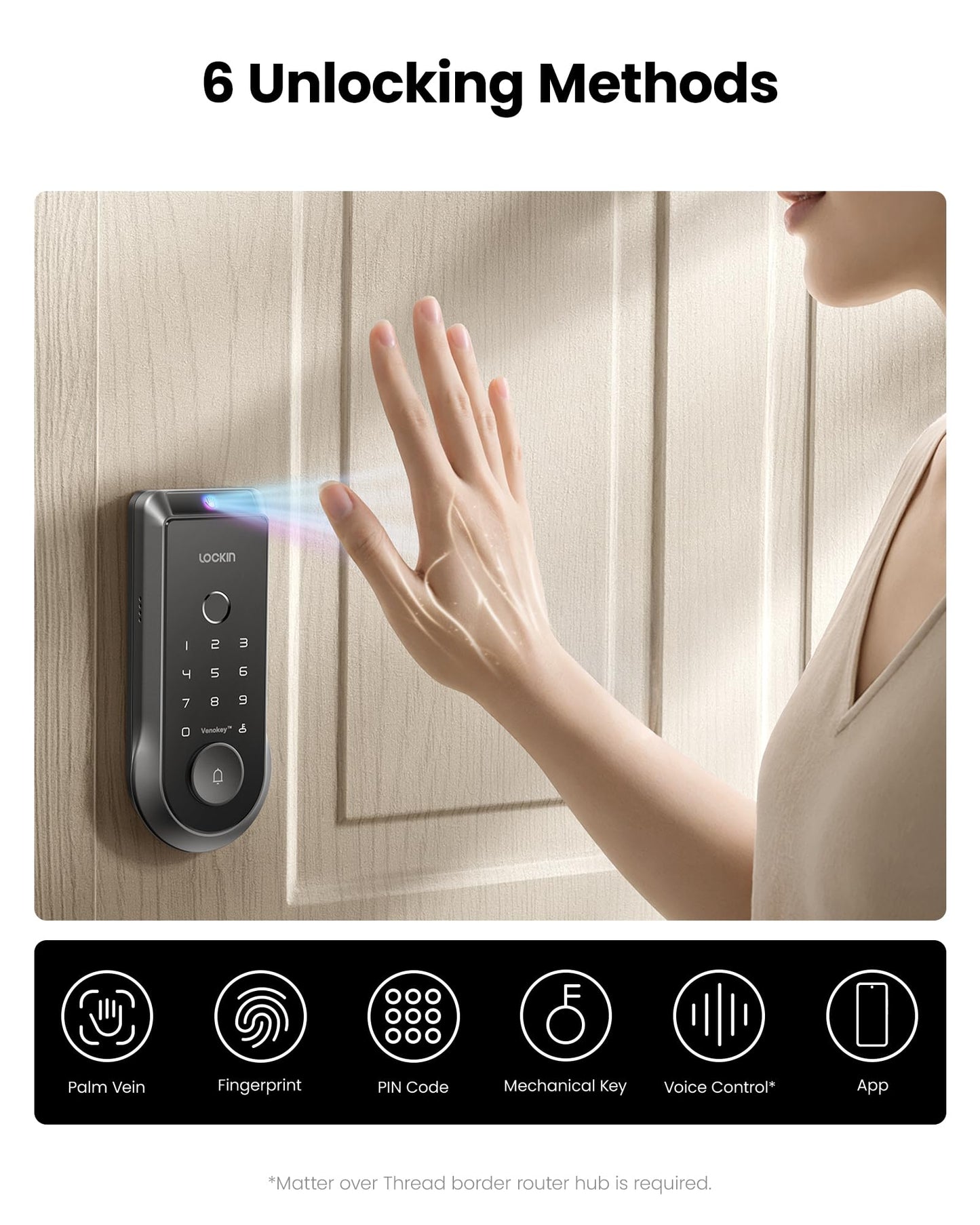Lockin Veno Smart Deadbolt Lock with Dual Swappable Batteries for 14-Month Extended Power, Palm Vein & Fingerprint Keyless Entry, Built-in Wi-Fi, Doorbell, App Remote Control, IP65 Waterproof