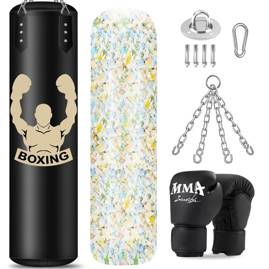 Filled Punching Bag for Adults, 4FT PU Leather Hanging Bag with 11lb Sponge Filler, Come with 12OZ Gloves, Kicking Bag Heavy Bag Boxing Equipment for Training Karate Kickboxing Home Gym