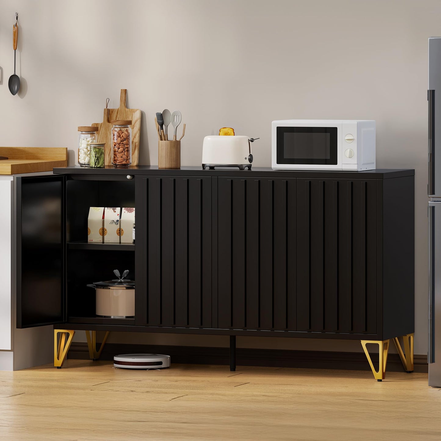 YITAHOME 55" Metal Storage Cabinet, Sideboard Buffet Cabinet with Adjustable Shelf, Metal Accent Console Credenza for Living Room, Kitchen, Dining Room, Black
