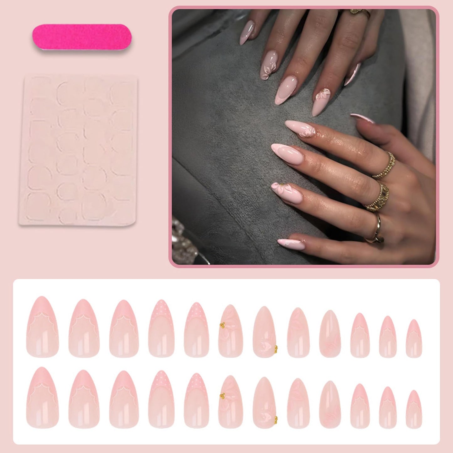 24Pcs Light Pink Press on Nails Medium Almond Fake Nails with 3D Floral & Gold Rhinestones False Nails Acrylic Glossy Full Cover Stick on Nails for Women Manicure Decorations