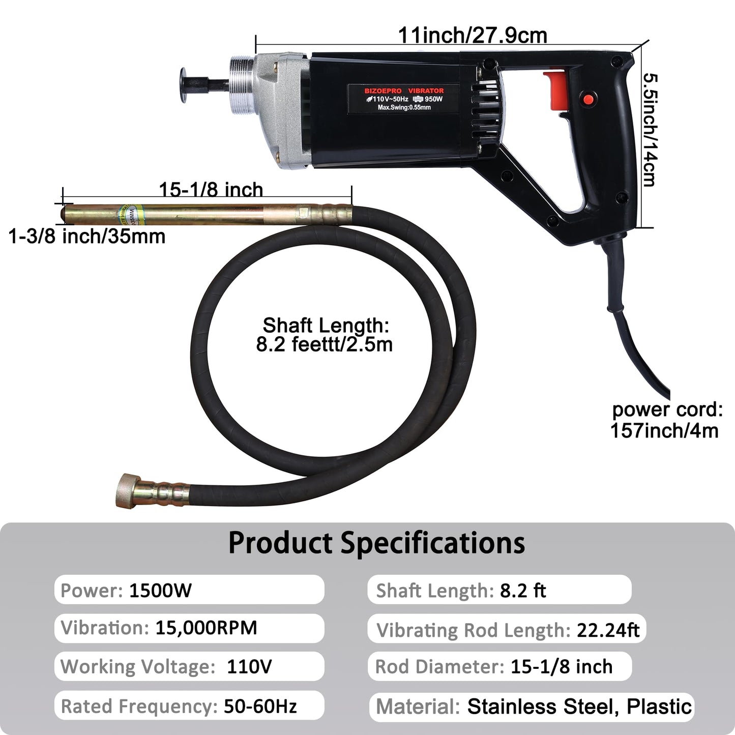 BIZOEPRO Hand Held Power Concrete Vibrator 1200W 15000RPM 2HP With 8.2 ft 2.5M Shaft Rod Electric Concrete Vibrabrater Portable Construction Pencil Vibrator