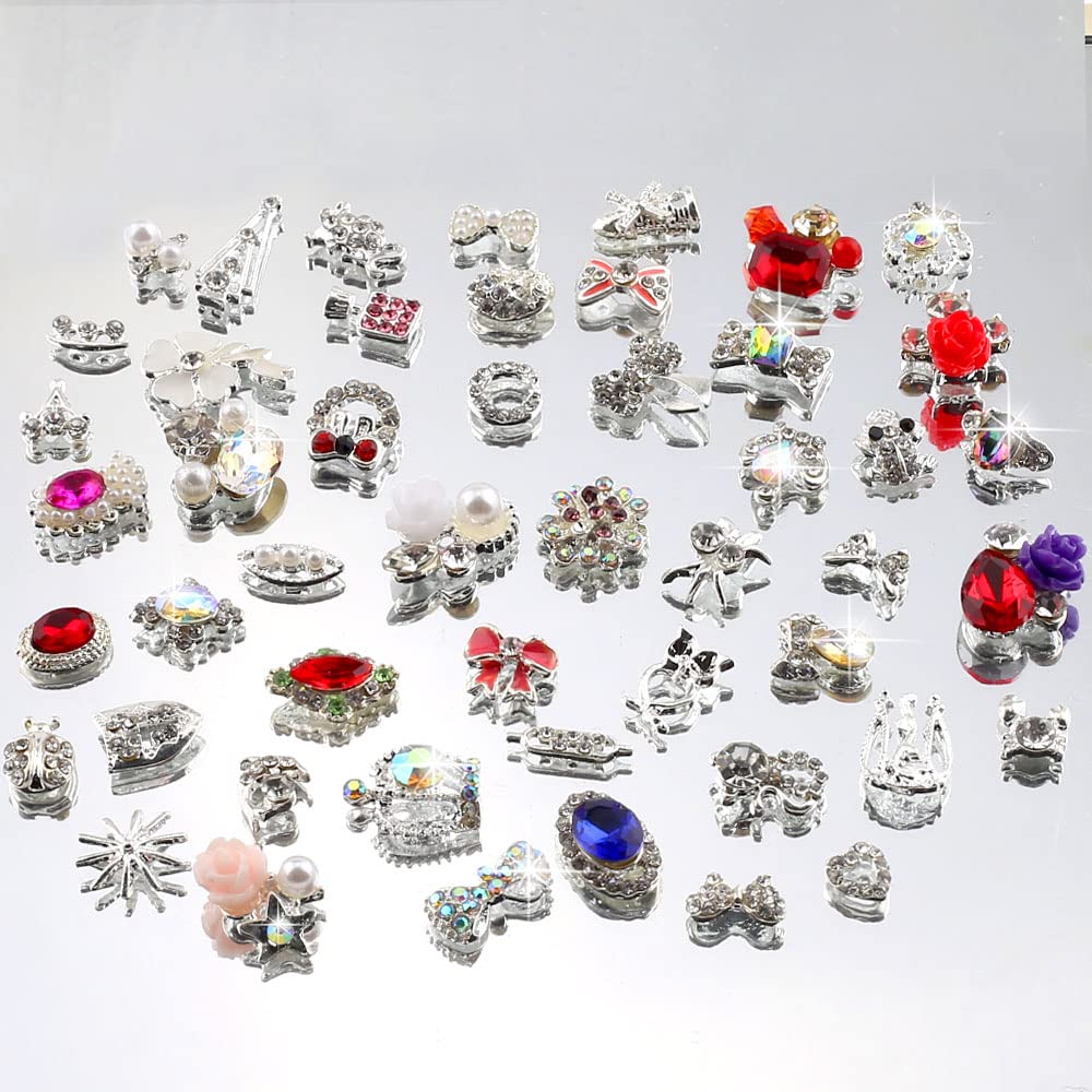 50pcs 3D Nail Charms for Acrylic Nails, Mix Styles Silver Rhinestones for Nails Metal Nail Jewels for Nail Art Charms for Nails Design Alloy Zircon Nail Rhinestones Pearl Nail Gems Women Nail Supplies