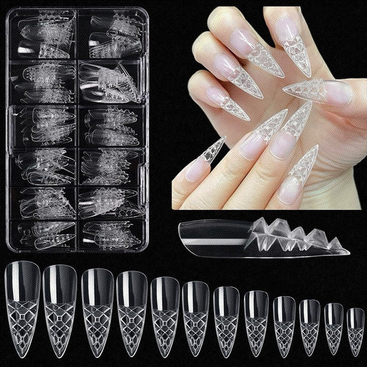 Chunmeng 120 Pcs Coffin Press on Nails, 12 Sizes Long French Tip Acrylic False Nails, Transparent Soft Gel Pre-shaped Full Cover Nail Tips, Reusable Fake Nail Stickers for Women DIY Manicure & Salon