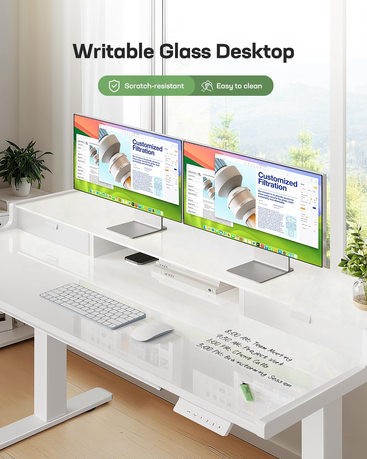 Marsail Glass Electric Standing Desk with Drawers, 48 x 24 Inch Height Adjustable Desk with Monitor Stand, Stand Up Table with Drawers for Home & Office, 4 Preset Heights, White