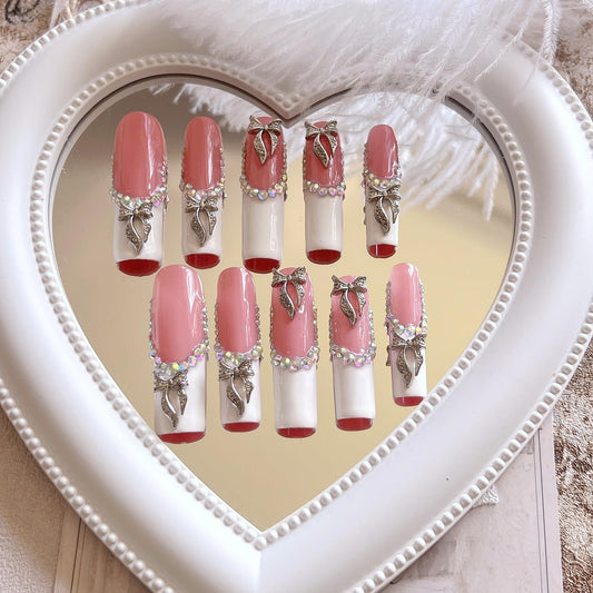 NAIL ANGEL 10PCS/SET Glamorous Handmade Press on nails Glitter Rhinestone with Metal 3D Bow Charms Long Coffin Nails Party Nails XXL Long Artifical Tips ZJ-08 (Multi-Color, ZJ-08-M)