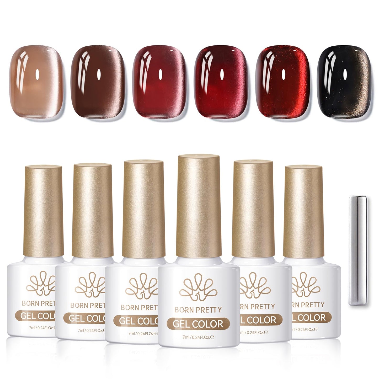 BORN PRETTY Cat Magnetic Eye Gel Nail Polish,Jelly Glass Crystal Brown Burgundy Wine Bloody Red Black Magnetic Gel Polish,Fall Winter Glitter Soak Off Nail Polish Art Salon Manicure Home Gift 7ML 6pcs
