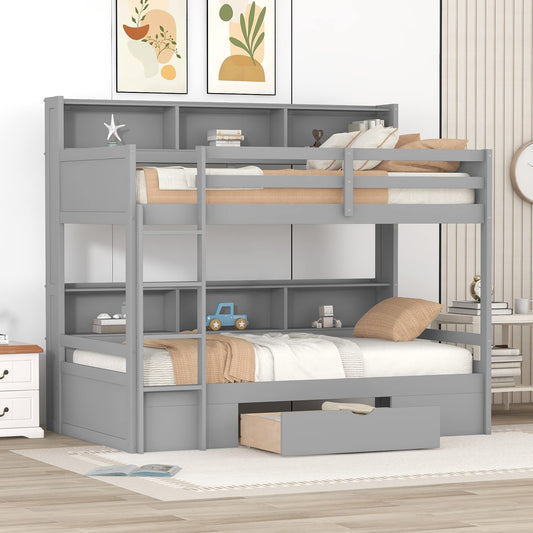 Ball & Cast Twin Over Twin Bunk Bed with Built-in Shelves Beside Both Upper and Down Bed & Storage Drawer, Twin Size Wooden Bunk Bed with Guardrails and Ladder for Kids,Teens,Adult,Gray