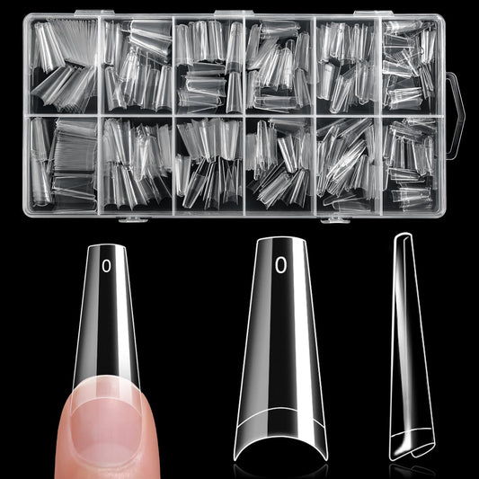 krofaue 600PCS Half Cover Coffin Nail Tips - Acrylic Nail Tips 12 Size Clear False Nails Tips with Box for Nail Salons and Home DIY (Clear)