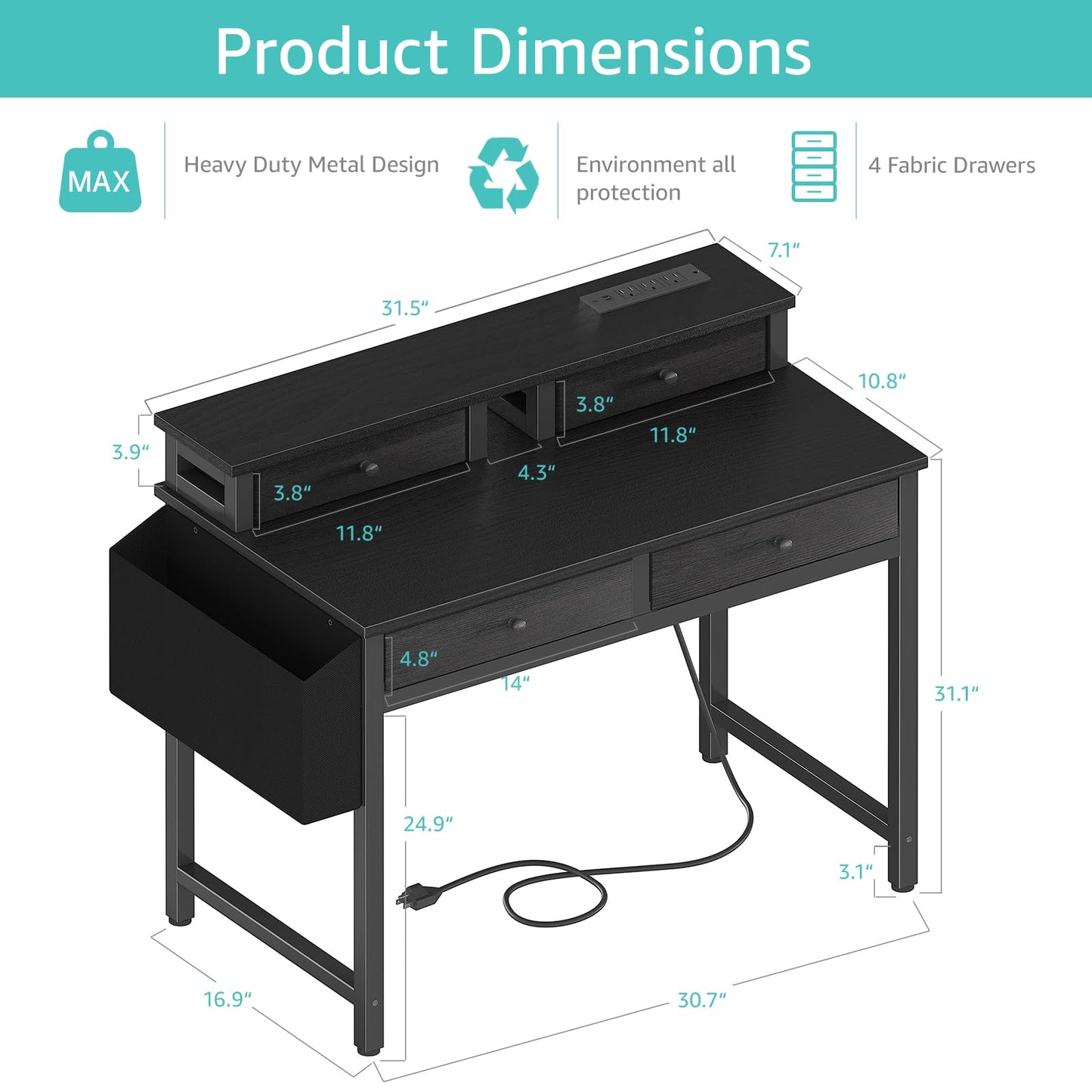 Lufeiya Small Desk with Drawers for Home Office Bedroom, 31 inch Black Writing Study Desks with Fabric Drawers Storage, Gaming Desk Table with Power Outlet & Monitor Stand, Black