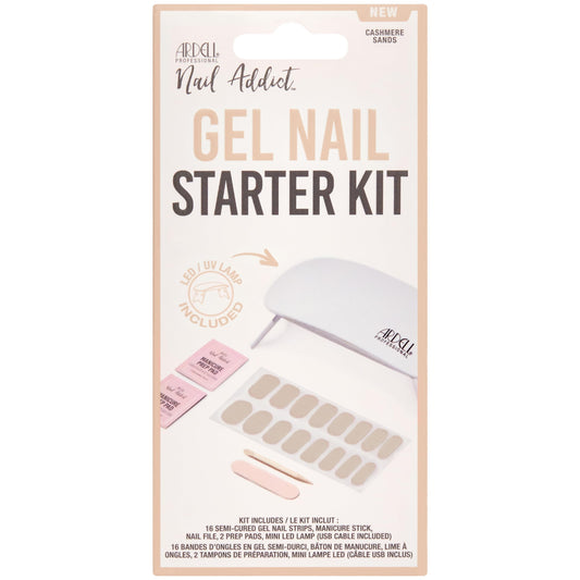 Ardell Nail Addict Gel Nail Starter Kit with Led Uv Light - Cashmere Sands, Semi-Cured Gel Nails Strips, File & Prep Pad for Easy At-Home Diy Manicure, Pack of 1