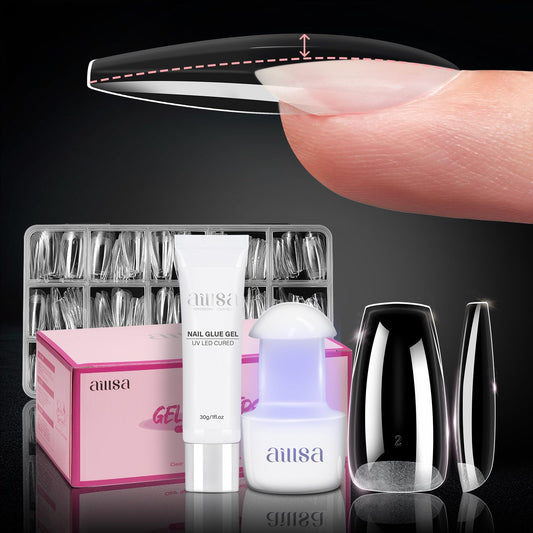 AILLSA Gel Nail Tips Kit Medium Coffin Nail Tips 224pcs, Upgrade Nail Glue Gel 30g for False Nail Tips, Gel Nail Kit with U V Lamp for Women Starters