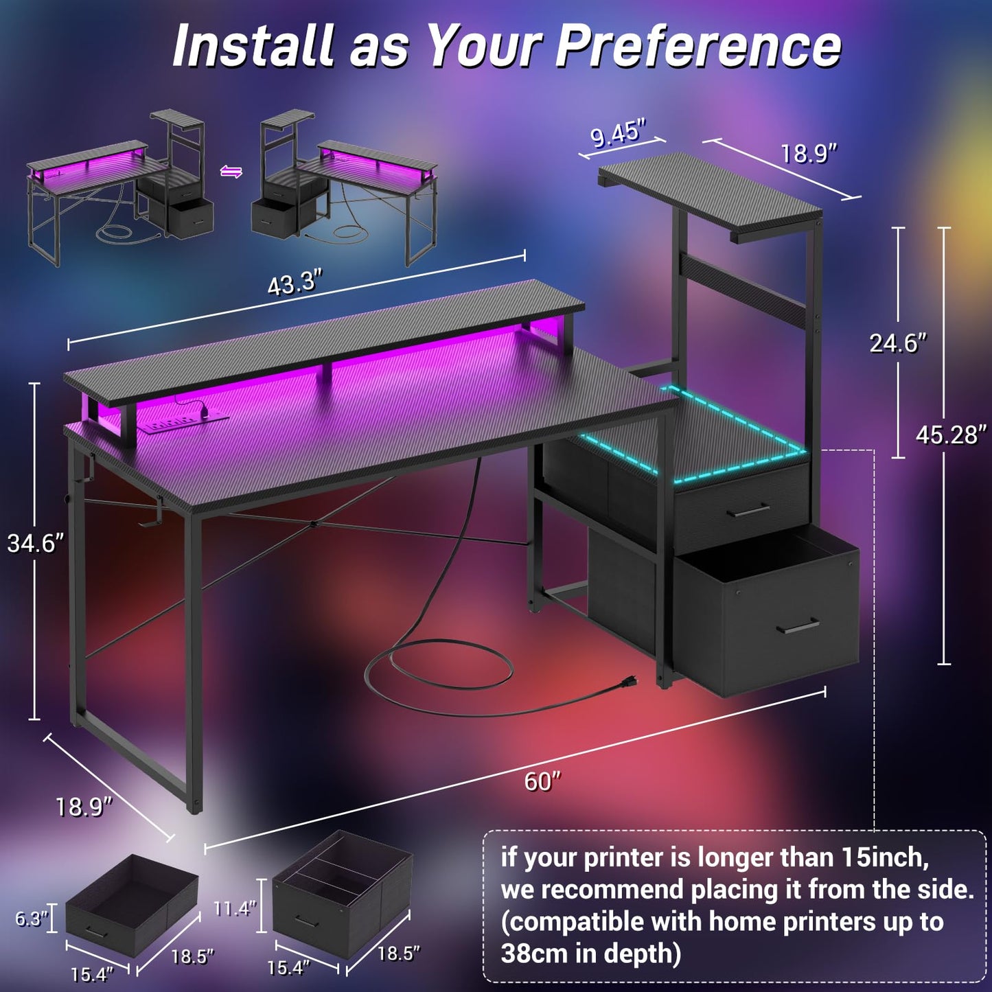 Aheaplus Gaming Desk with LED Strip & Power Outlet, 59Inch Reversible Computer Desk with Monitor Stand & Storage Shelves, Home Office Desks with Fabric File Drawer, PC Gamer Table, Carbon Fiber Black