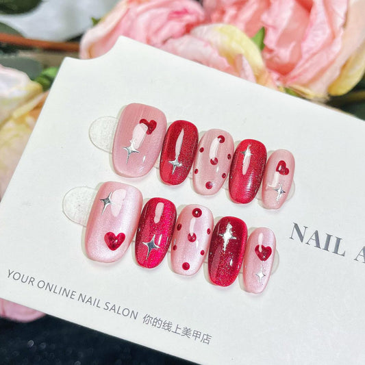 10Pcs Valentines Press on Nails Short Oval Fake Nails Cute Polka Dots Star Designs Artificial Acrylic Glue on Nail Romantic Heart False Nails Glossy Full Cover Red Stick on Nail for Women Manicure