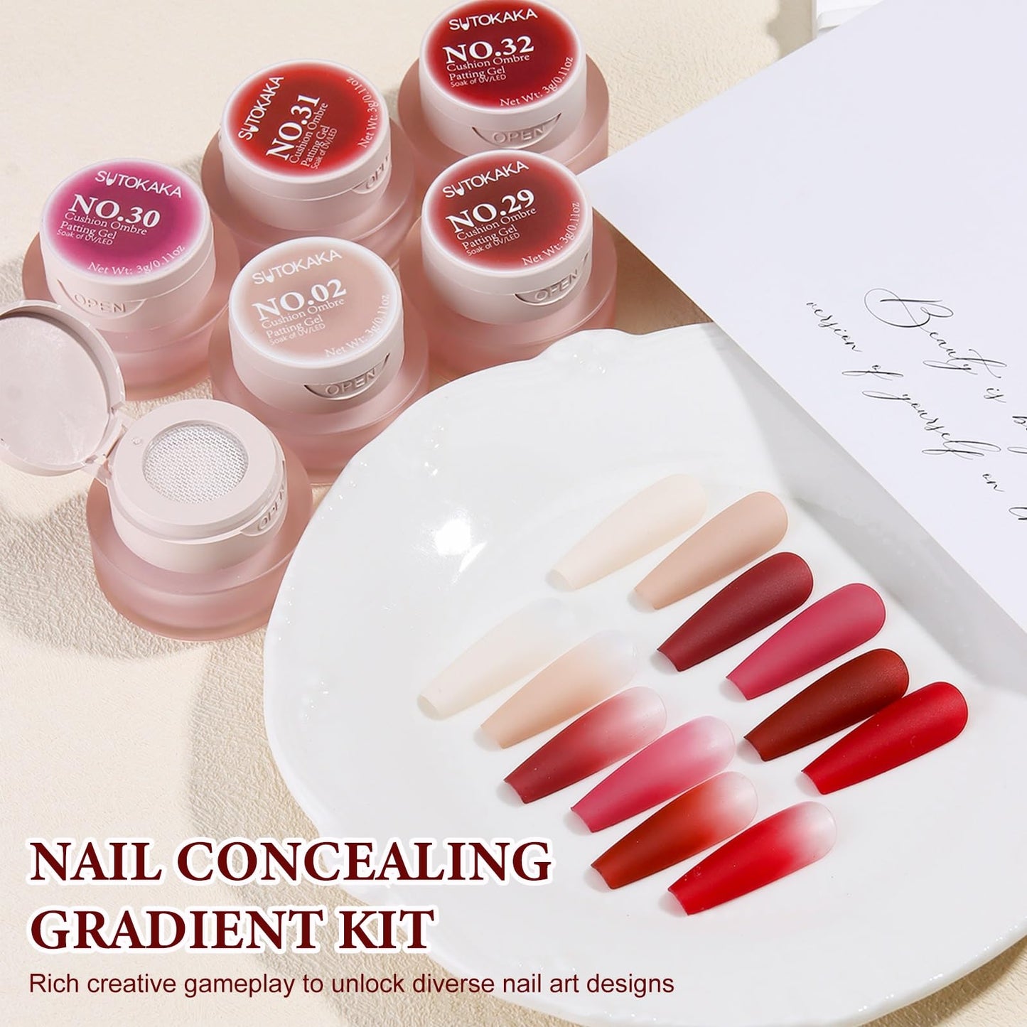 SUTOKAKA 6 Color Cushion Ombre Painting Gel Kit, Red Nude Ombre Patting Gel with Soft Sponges Grabber Pen, Professional Gradient Nail Polish for DIY Aura Blush Blend French Manicure Design