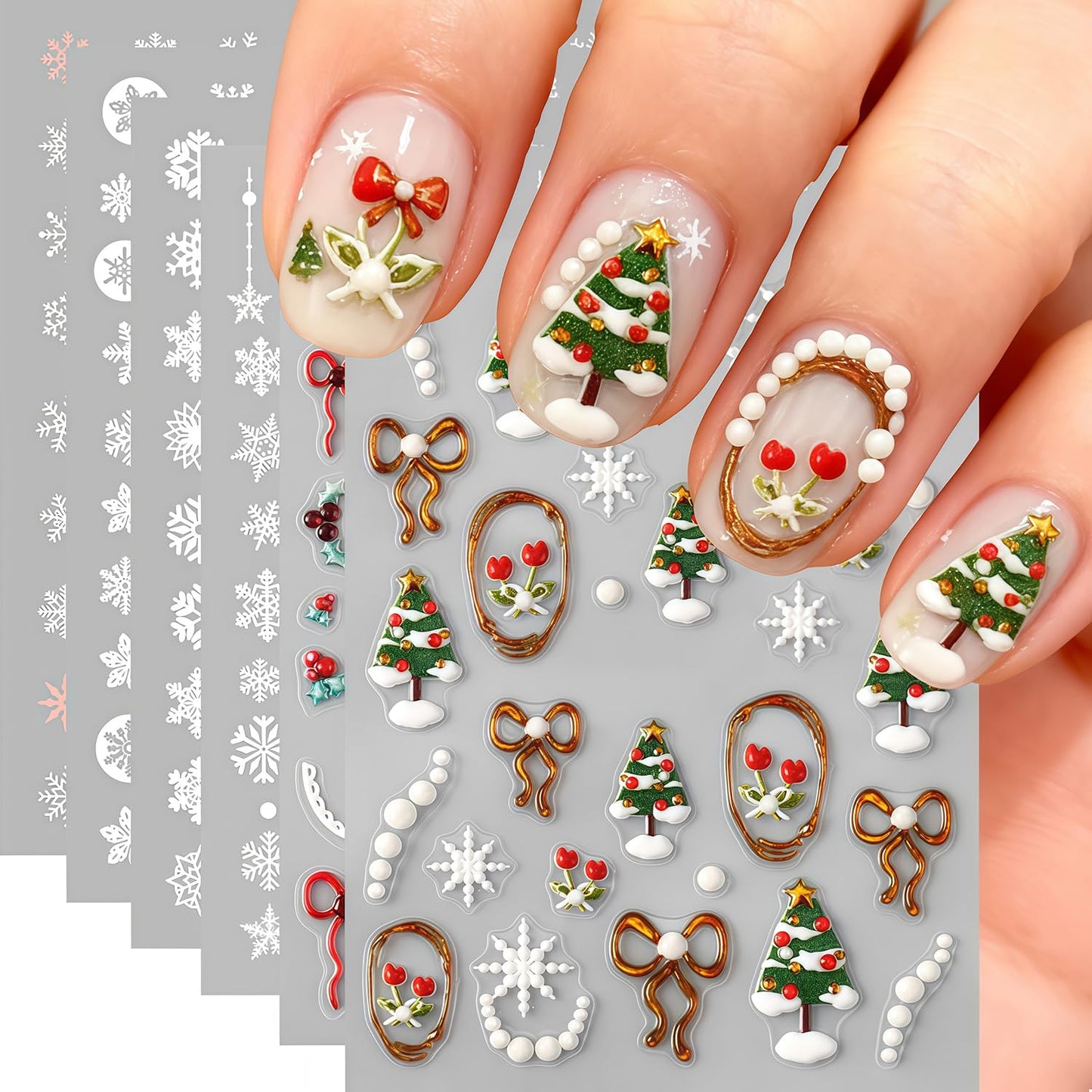 6 Sheets Christmas Snowflake Nail Art Stickers Winter Snowflakes Nail Decals Self Adhesive Embossed Snowflake Christmas Tree Bow Holly Leaves Nail Stickers for Women New Year Xmas DIY Manicure