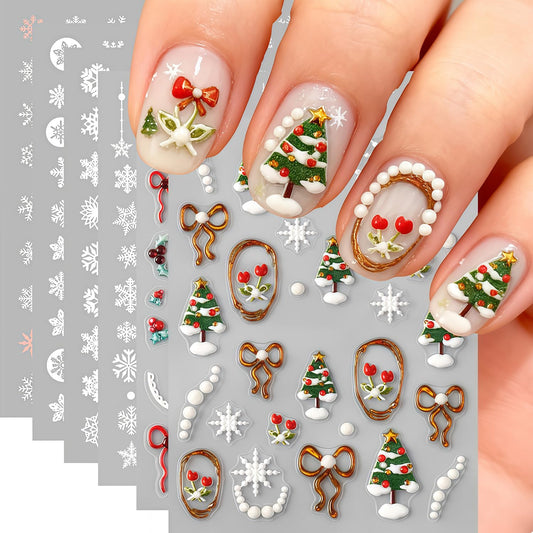 6 Sheets Christmas Snowflake Nail Art Stickers Winter Snowflakes Nail Decals Self Adhesive Embossed Snowflake Christmas Tree Bow Holly Leaves Nail Stickers for Women New Year Xmas DIY Manicure