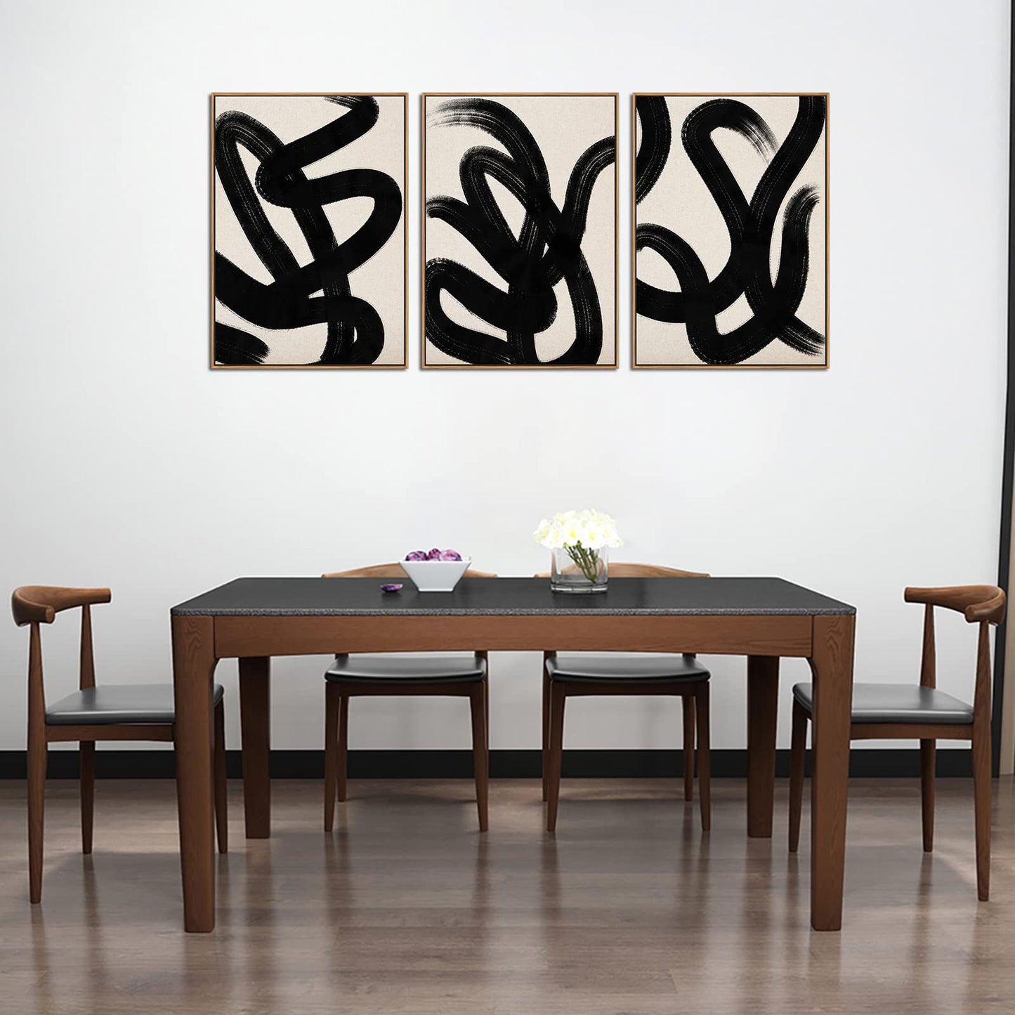 Framed Wall Art Canvas Set Abstract Lines Pictures Modern Mid Century Boho Wall Decor Minimalist Abstract Black Stroke Lines Canvas Painting Artwork Living Room Bedroom Home Office 20"x28"x3 Natural