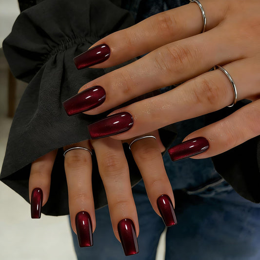 SXVME Cat Eye Press On Nails Long Square - Chrome Dark Red Press on Nails with Glue for Women, Shimmer Glitter Fake Nails Press ons, Glossy Gel Glue on Nails Coffin, Reusable Nail Stick Ons, 30 Pcs