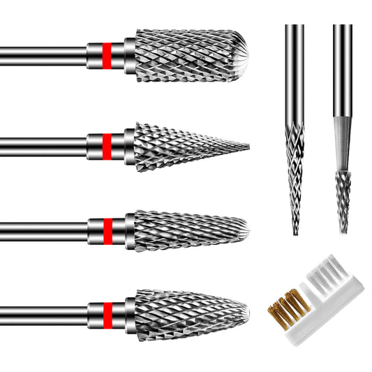CGBE Nail Drill Bits, 6 Piece Nail Drill Bit Grinding Heads Carbide Machine Accessories for Manicure Remove Acrylic or Hard Gel Polygel, 3/32 Inch Professional Bits for Nail Cutter - Fine