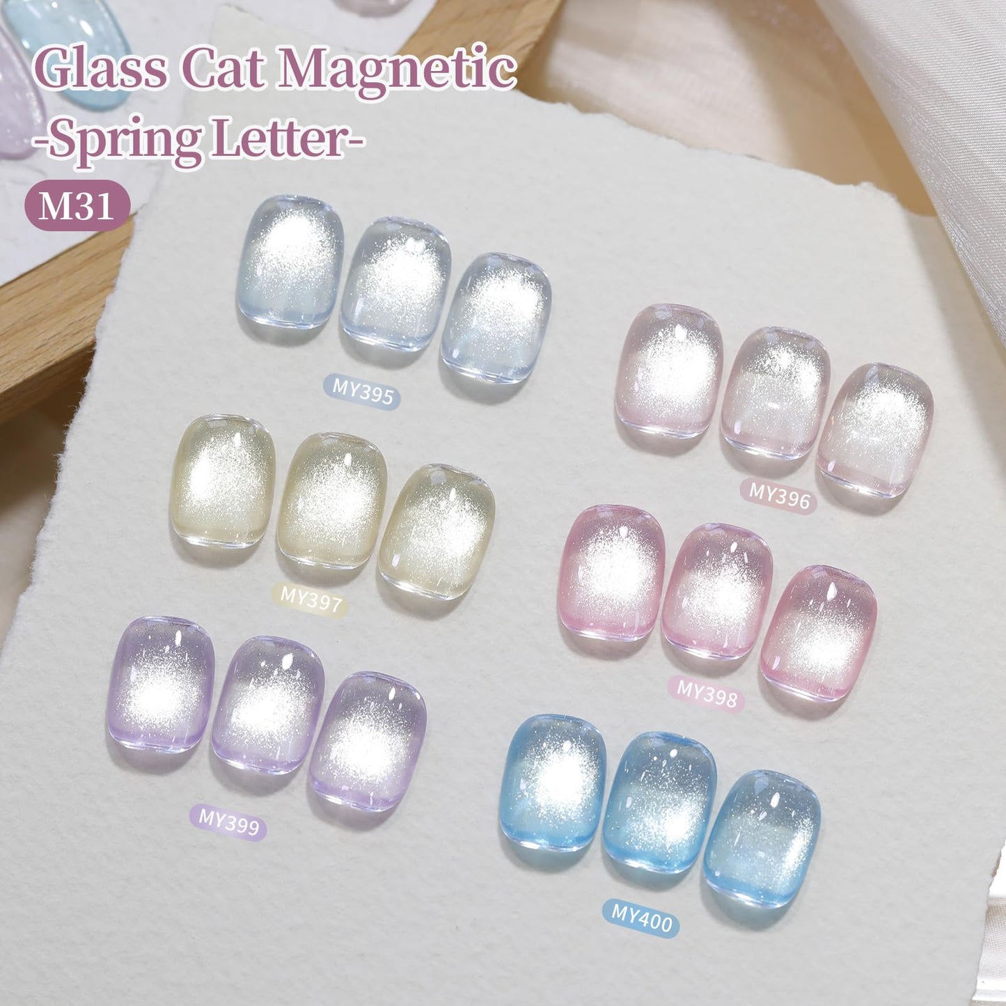 Born Pretty Spring Summer Cat Magnetic Eye Gel Nail Polish Set, 6 Colors Water Light Jelly Pastel Shimmer Glitter Glass Crystal Magnetic Gel Polish, Soak Off U V Gels for Salon DIY 7ML