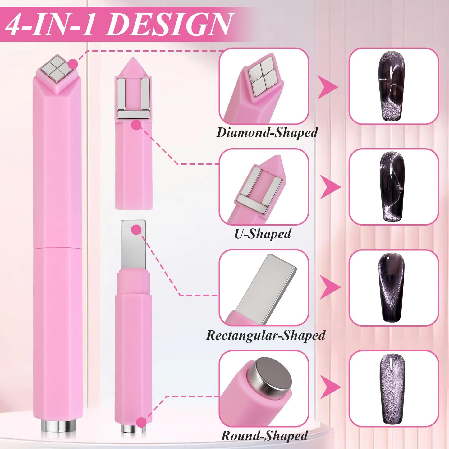 Plman 4 in 1 Cat Eye Nail Magnet, Multifunctional Cat Eye Gel Nail Polish Magnet, Beginner-friendly Cat Eye Magnet for Nail, Nail Magnet Tool for Nail Art DIY Home, Salon, Studio (4 in 1 Set-Pink)